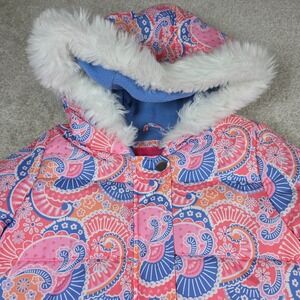 London Fog Puffer Snow Jacket Girls M(5-6) Periwinkle Pink Paisley Fleece Lined